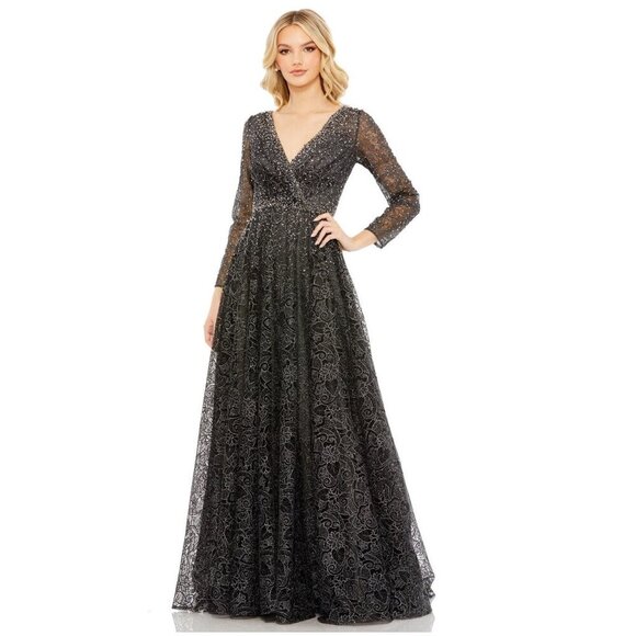 NWT Mac Duggal Gray Embellished Illusion Long Sleeve V Neck Gown Graphite #8594 - Picture 1 of 8